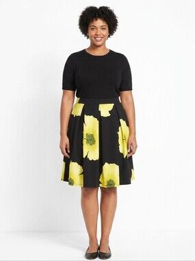 Ashley Stewart Pleated Skirt Black/Yellow Flowers NWT Sz 14